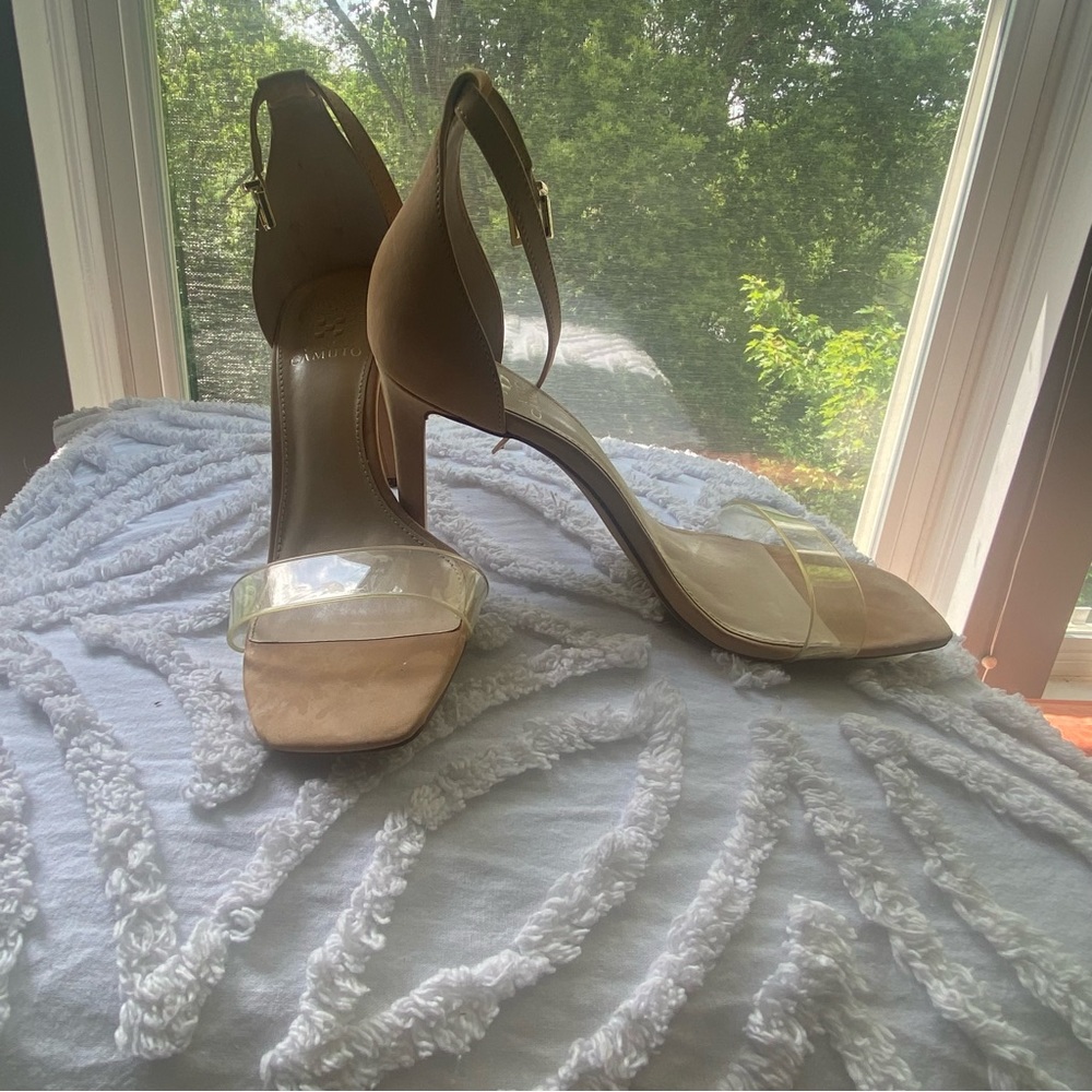 Vince Camuto suede pvc toe strap heel